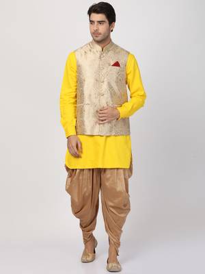 Yellow Plain Blended Cotton Dhoti-Kurta 1