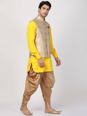 Yellow Plain Blended Cotton Dhoti-Kurta 2