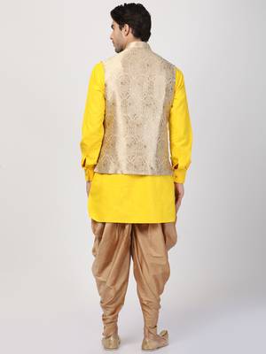 Yellow Plain Blended Cotton Dhoti-Kurta 4