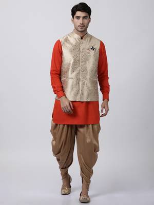 Red Plain Blended Cotton Dhoti-Kurta 1