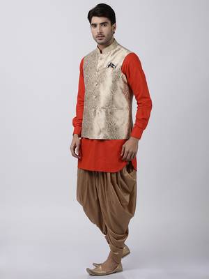 Red Plain Blended Cotton Dhoti-Kurta 2