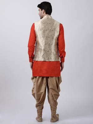 Red Plain Blended Cotton Dhoti-Kurta 4