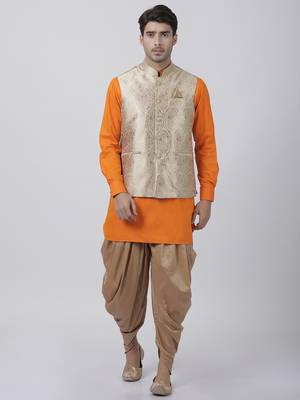 Orange Plain Blended Cotton Dhoti-Kurta 1