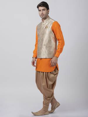 Orange Plain Blended Cotton Dhoti-Kurta 2
