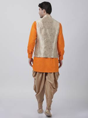 Orange Plain Blended Cotton Dhoti-Kurta 4