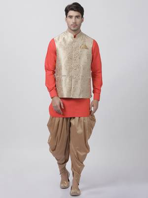 Orange Plain Blended Cotton Dhoti-Kurta 1