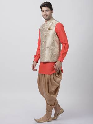 Orange Plain Blended Cotton Dhoti-Kurta 2