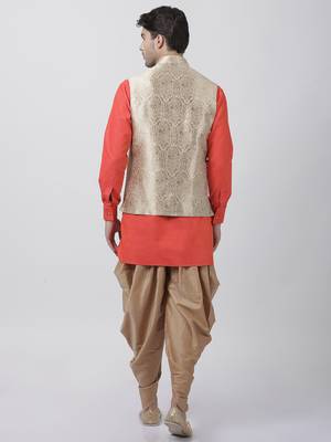 Orange Plain Blended Cotton Dhoti-Kurta 4