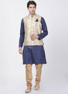 Blue Plain Blended Cotton Kurta Pajama 1