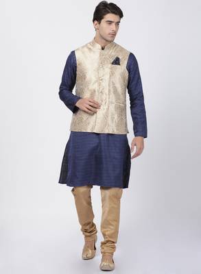 Blue Plain Blended Cotton Kurta Pajama 2