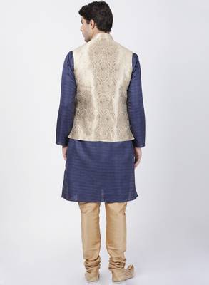 Blue Plain Blended Cotton Kurta Pajama 4