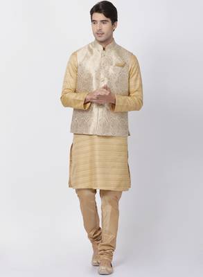 Beige Plain Blended Cotton Kurta Pajama 1