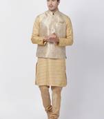 Beige Plain Blended Cotton Kurta Pajama