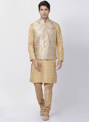 Beige Plain Blended Cotton Kurta Pajama 2
