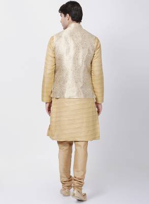 Beige Plain Blended Cotton Kurta Pajama 4