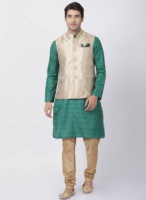 Green Plain Blended Cotton Kurta-Pajama 1