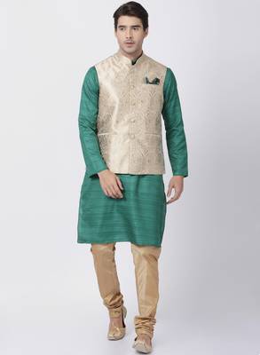 Green Plain Blended Cotton Kurta-Pajama 2