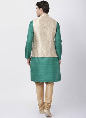 Green Plain Blended Cotton Kurta-Pajama 4