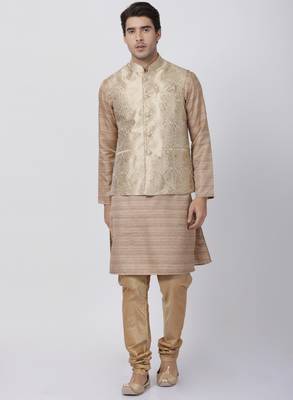 Gold Plain Blended Cotton Kurta Pajama 1