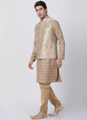 Gold Plain Blended Cotton Kurta Pajama 2