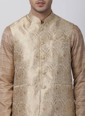 Gold Plain Blended Cotton Kurta Pajama 3