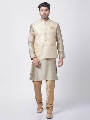 Beige Plain Blended Cotton Kurta-Pajama 1