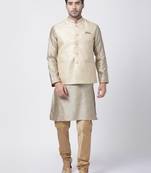 Beige Plain Blended Cotton Kurta-Pajama