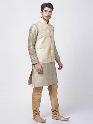 Beige Plain Blended Cotton Kurta-Pajama 2