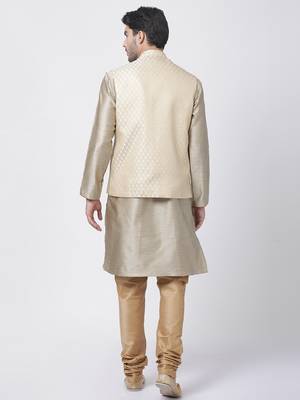 Beige Plain Blended Cotton Kurta-Pajama 4