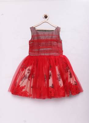 Red woven raw silk kids-frocks 1