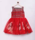 Red woven raw silk kids-frocks