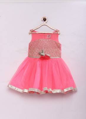 Pink woven net kids-frocks 1
