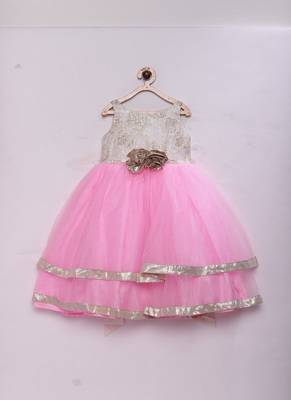Pink woven brocade kids girls gown 1