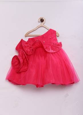 Pink woven raw silk kids girls gown 1