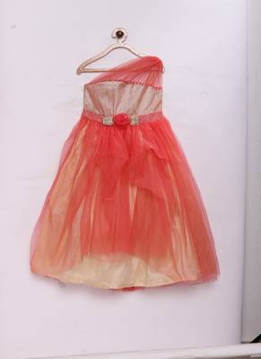 Pink woven brocade kids girls gown 1