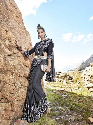 Dark grey embroidered lycra saree with blouse 1