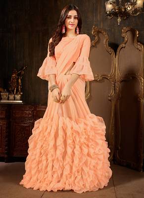 Peach embroidered georgette saree with blouse 1