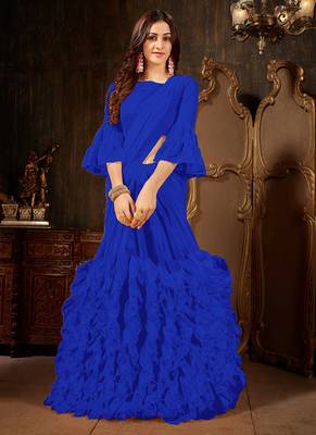 Royal blue embroidered georgette saree with blouse 1