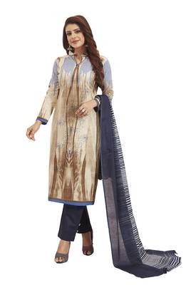 Women's Cotton Beige & Navy Blue Printed Unstitched Salwar Suit Dress Material With Dupatta 1