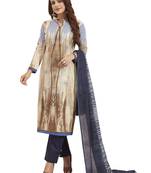 Women's Cotton Beige & Navy Blue Printed Unstitched Salwar Suit Dress Material With Dupatta