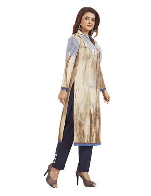 Women's Cotton Beige & Navy Blue Printed Unstitched Salwar Suit Dress Material With Dupatta 4