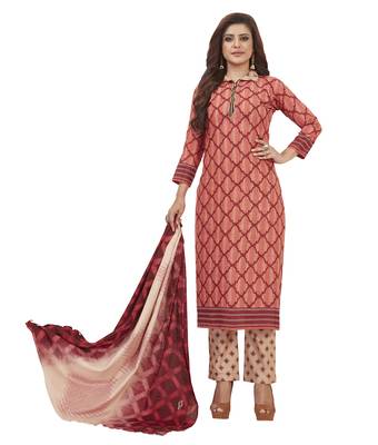 Women's Cotton Red & Beige Printed Unstitched Salwar Suit Dress Material With Dupatta 1