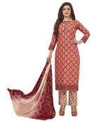 Women's Cotton Red & Beige Printed Unstitched Salwar Suit Dress Material With Dupatta