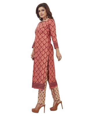 Women's Cotton Red & Beige Printed Unstitched Salwar Suit Dress Material With Dupatta 4