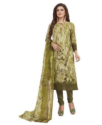 Women's Cotton Mehndi Green Printed Unstitched Salwar Suit Dress Material With Dupatta 1