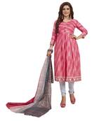 Women's Cotton Pink & Grey Printed Unstitched Salwar Suit Dress Material With Dupatta