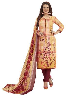 Women's Cotton Orange & Maroon Printed Unstitched Salwar Suit Dress Material With Dupatta 1