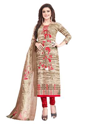 Women's Cotton Brown & Red Printed Unstitched Salwar Suit Dress Material With Dupatta 1