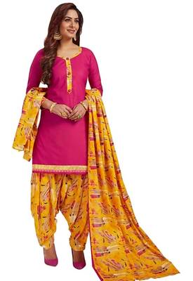 Women's Synthetic Pink & Yellow Printed Unstitched Salwar Suit Dress Material With Dupatta 1
