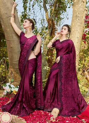 Wine embroidered satin saree with blouse 1